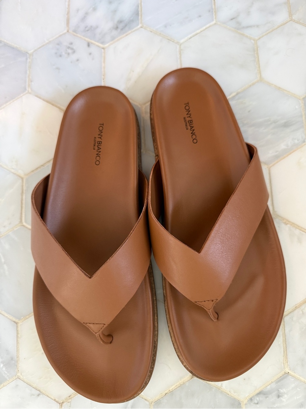 Tony Bianco Tan Leather V-strap Slide Sandals